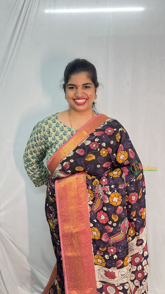 Vriksham Black Kalamkari Saree with Kanchi Border-VS4214