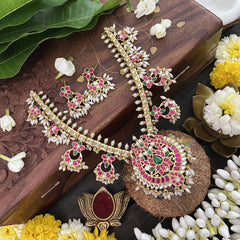 Vriksham Diva Style Kundan Jadau Neckpiece-Red White-Rice Pearl-J3332