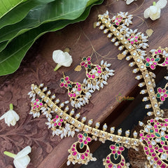 Vriksham Diva Style Kundan Jadau Neckpiece-Red White-Rice Pearl-J3332