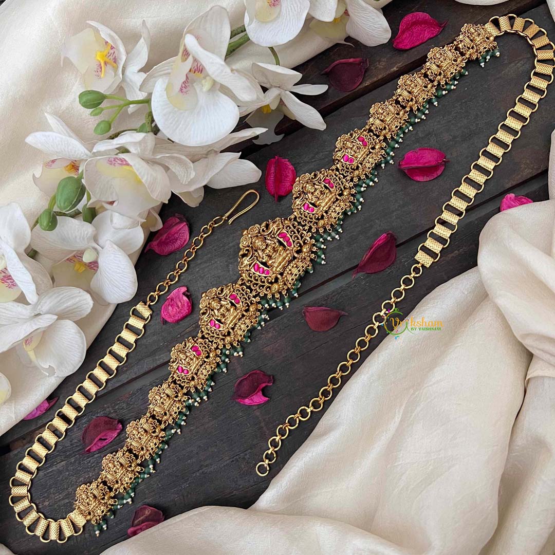 Vriksham Antique Lotus Lakshmi Jhumka Style  Hipchain-Red-Green Bead-G21204