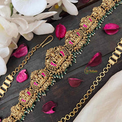 Vriksham Antique Lotus Lakshmi Jhumka Style  Hipchain-Red-Green Bead-G21204