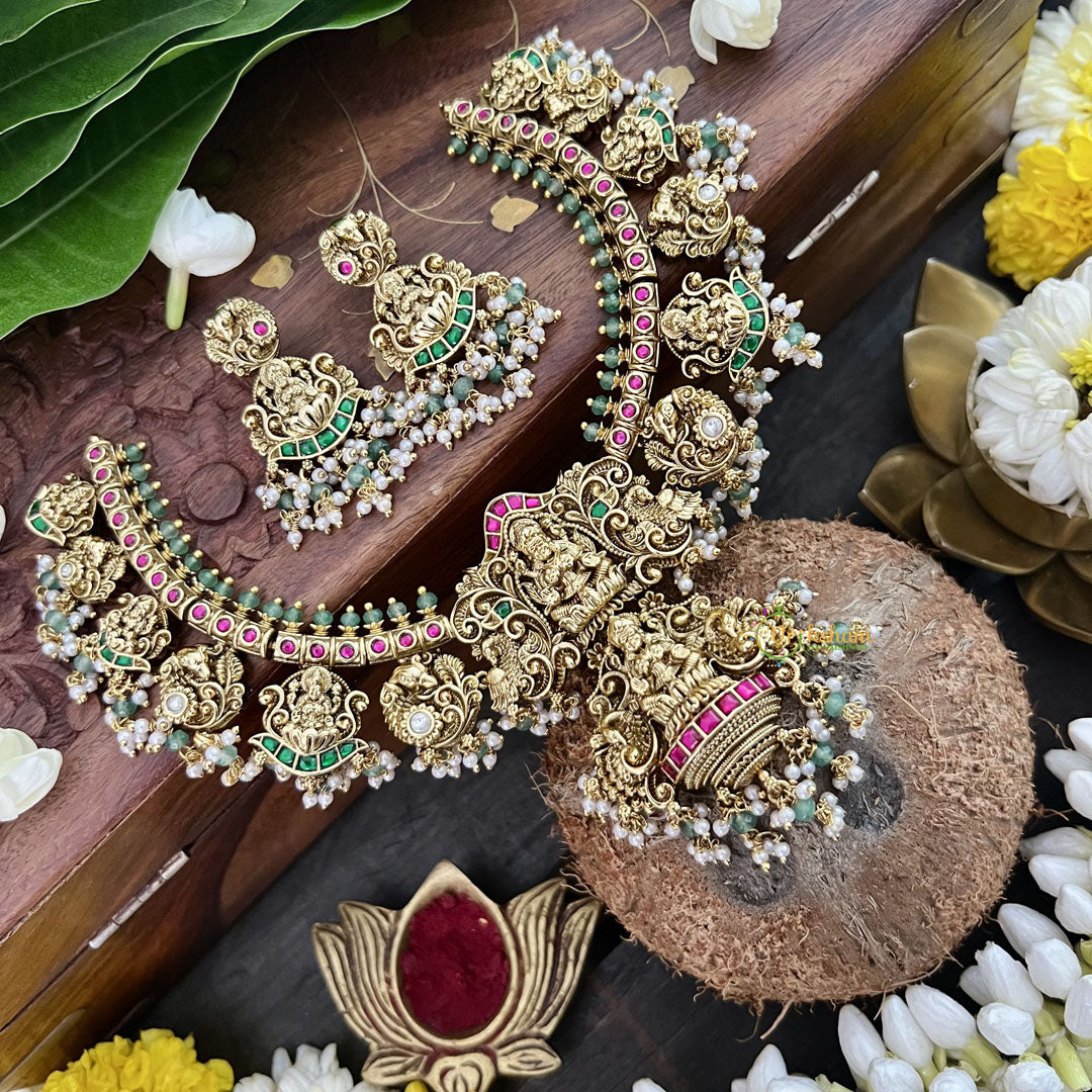 Vriksham Designer Double Lakshmi Style Pendant-Red Green White -White & Green Bead-J3323