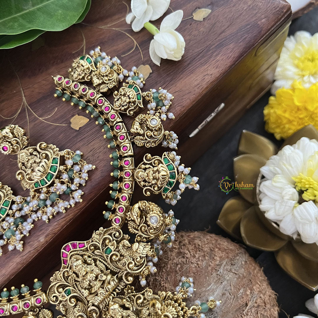 Vriksham Designer Double Lakshmi Style Pendant-Red Green White -White & Green Bead-J3323