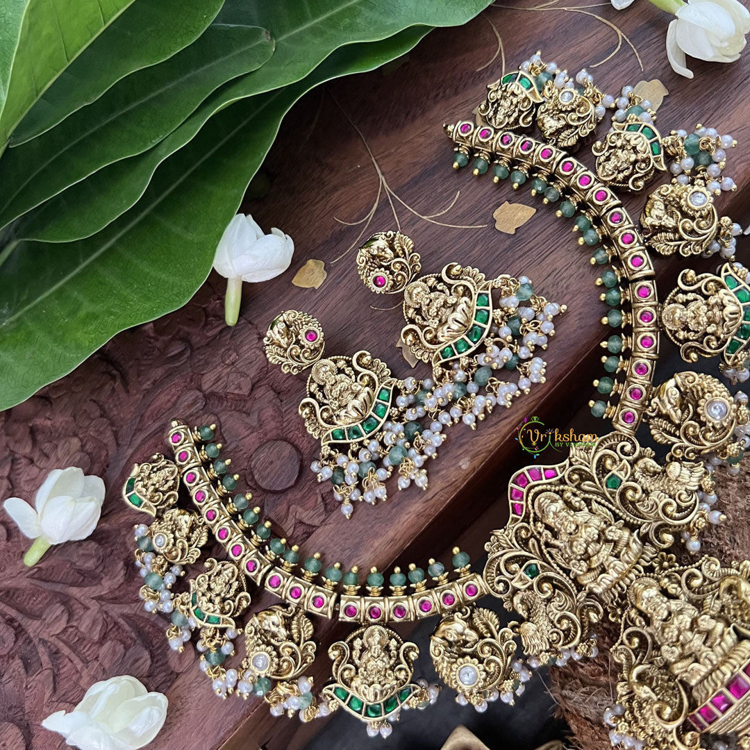 Vriksham Designer Double Lakshmi Style Pendant-Red Green White -White & Green Bead-J3323