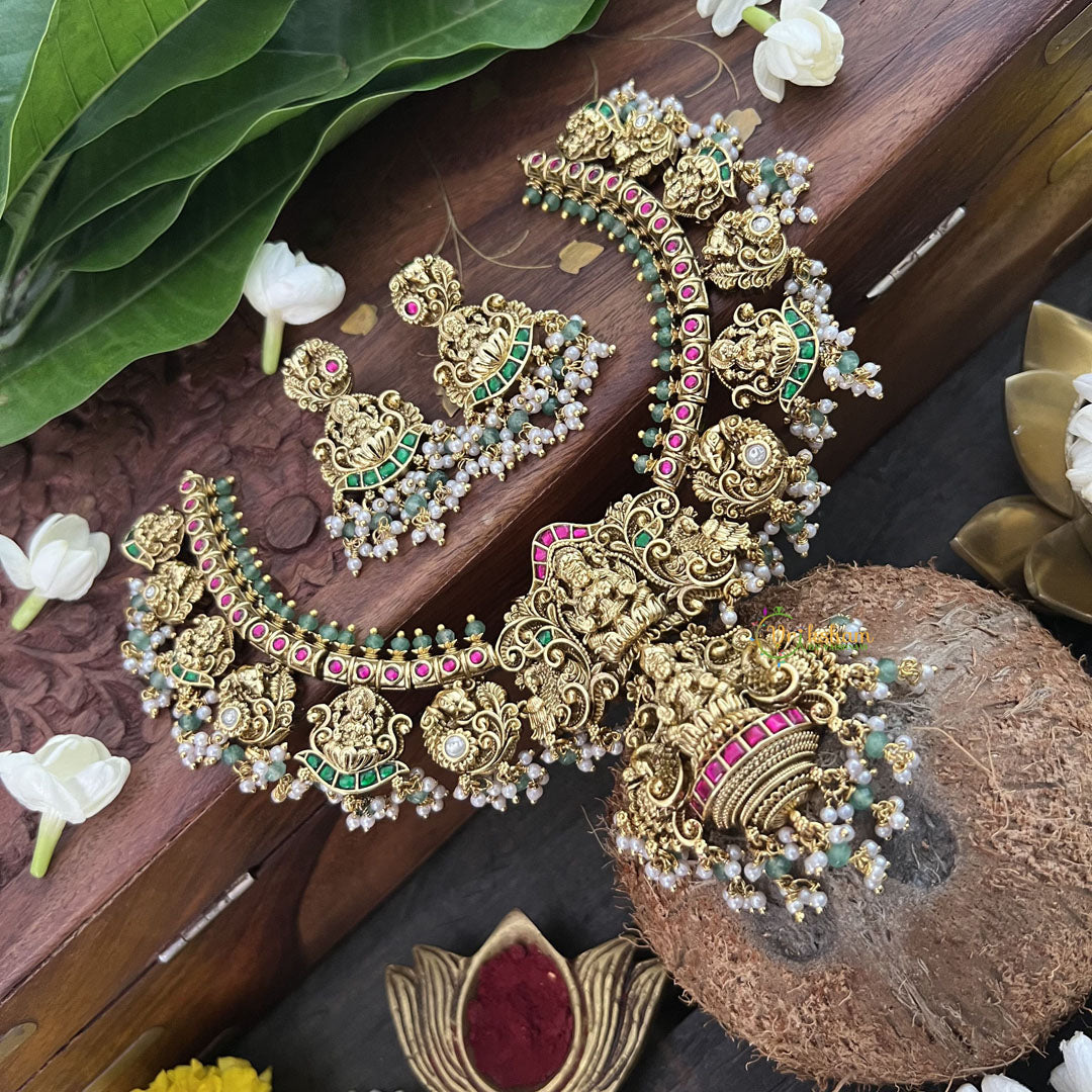 Vriksham Designer Double Lakshmi Style Pendant-Red Green White -White & Green Bead-J3323