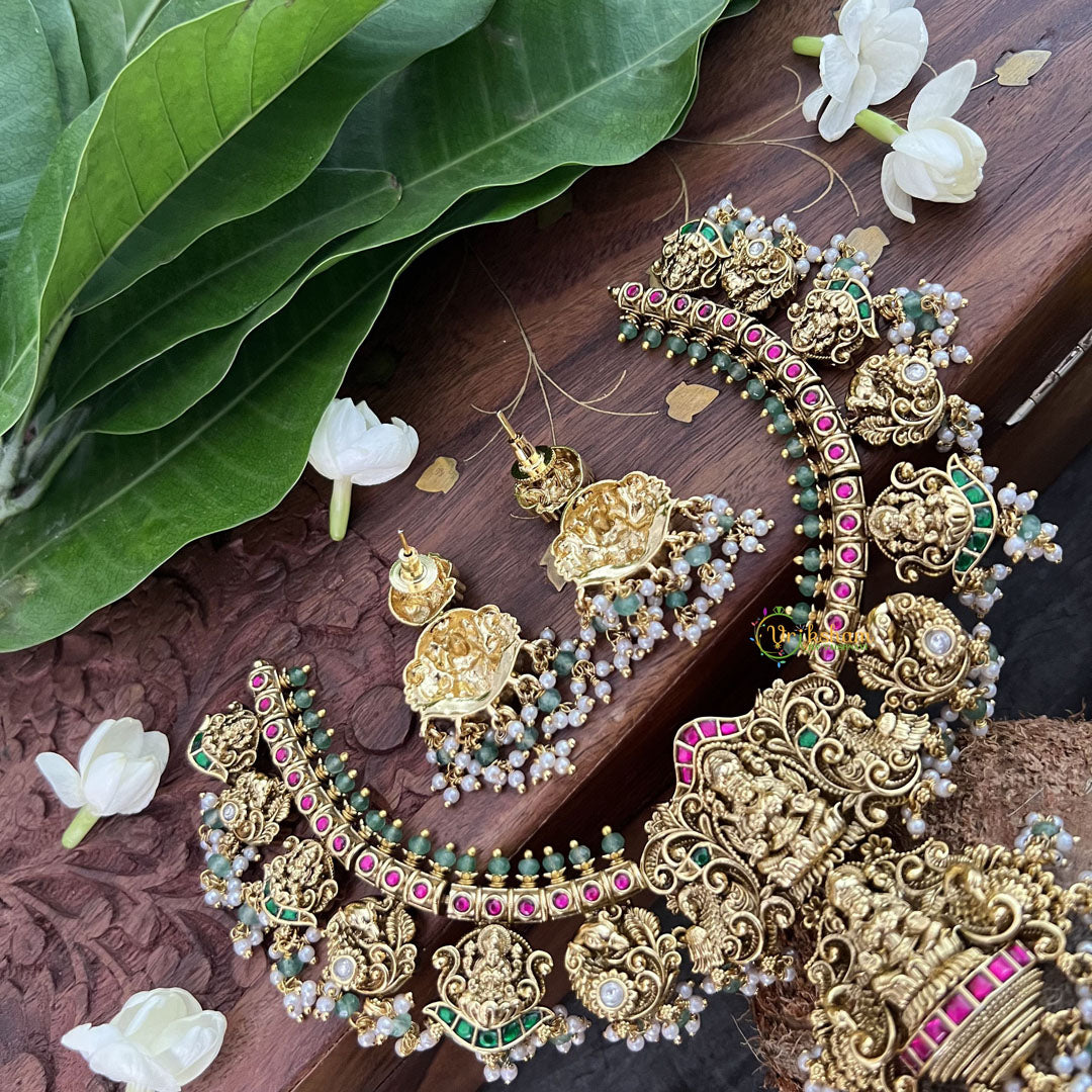 Vriksham Designer Double Lakshmi Style Pendant-Red Green White -White & Green Bead-J3323