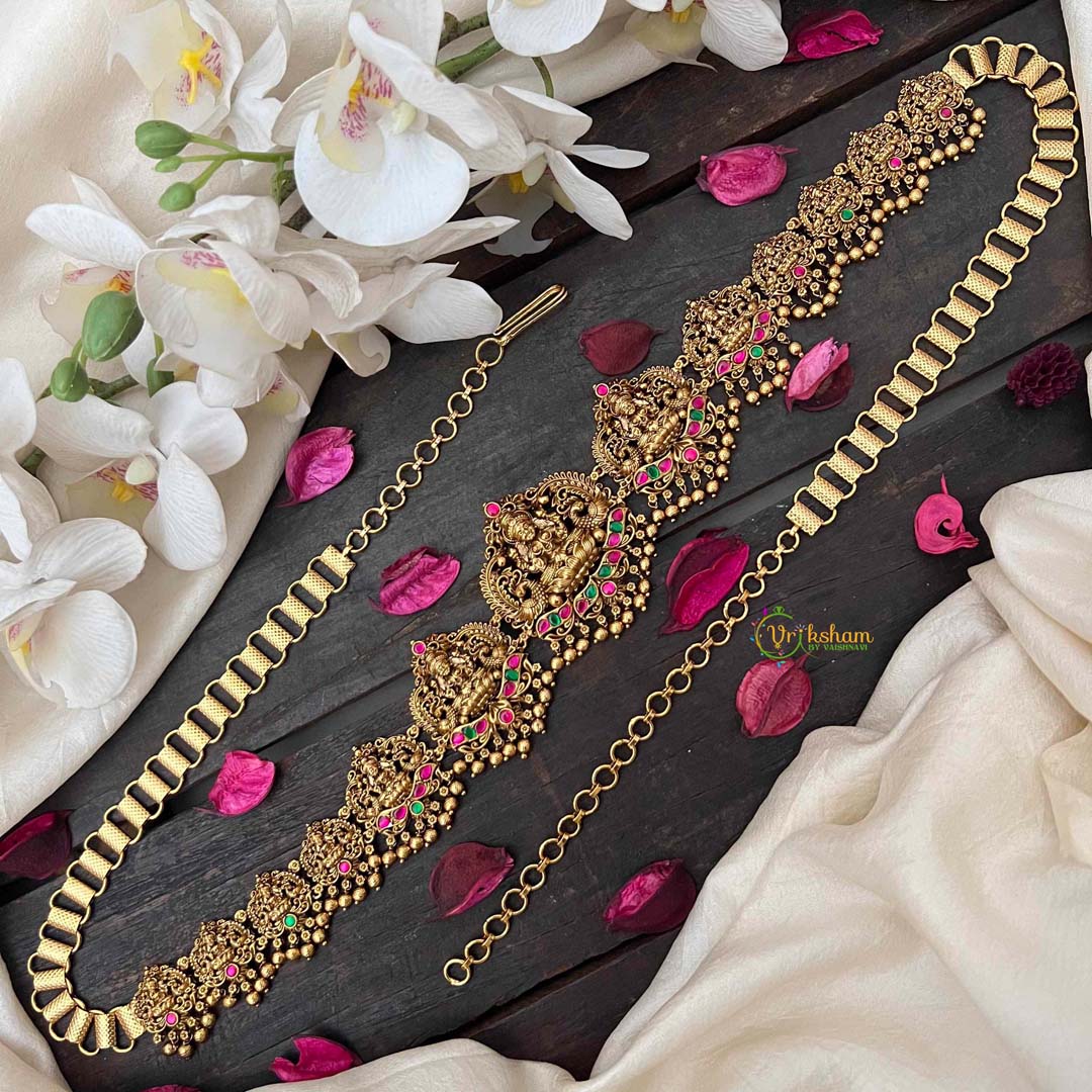 Vriksham Bridal Lakshmi Idol Hipchain-Red Green-Gold Bead-G21201