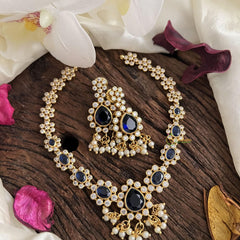 Unique AD Stone Neckpiece-Blue-Pearl-G14655