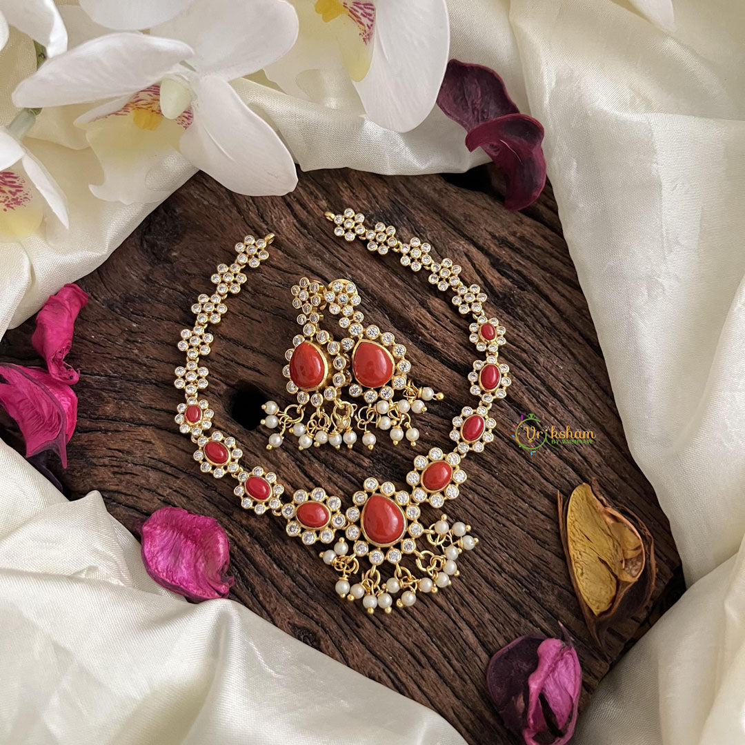 Unique AD Stone Neckpiece-Coral-Pearl-G14653