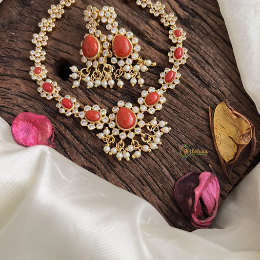 Unique AD Stone Neckpiece-Coral-Pearl-G14653