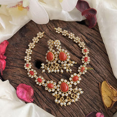 Unique AD Stone Neckpiece-Coral-Pearl-G14653