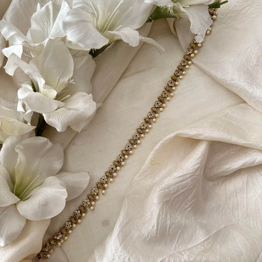 Elegant Gold Look Alike Thin Floral Hip Chain-Pearl-G12417