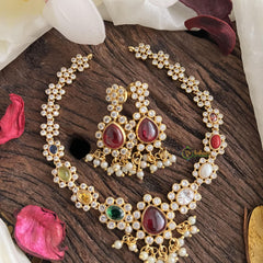 Unique AD Stone Neckpiece-Multicolor-Pearl-G14657