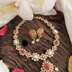 Simple AD Stone Neckpiece-Coral-Pearl-G14669