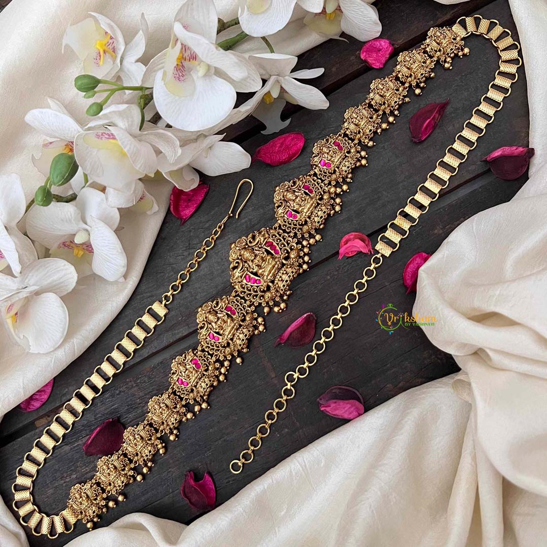 Vriksham Antique Lotus Lakshmi Jhumka Style  Hipchain-Red-Gold Bead-G21207