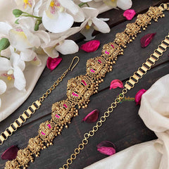 Vriksham Antique Lotus Lakshmi Jhumka Style  Hipchain-Red-Gold Bead-G21207