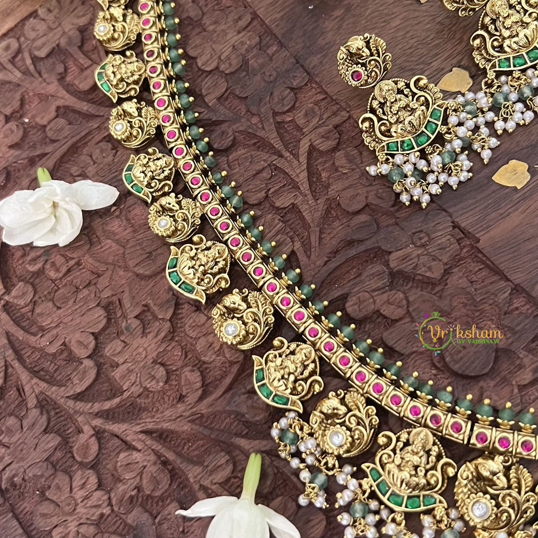 Vriksham Designer Lakshmi Style Pendant Kudan Jadau Green Long Guttapusalu Neckpiece-Pearl-J3320