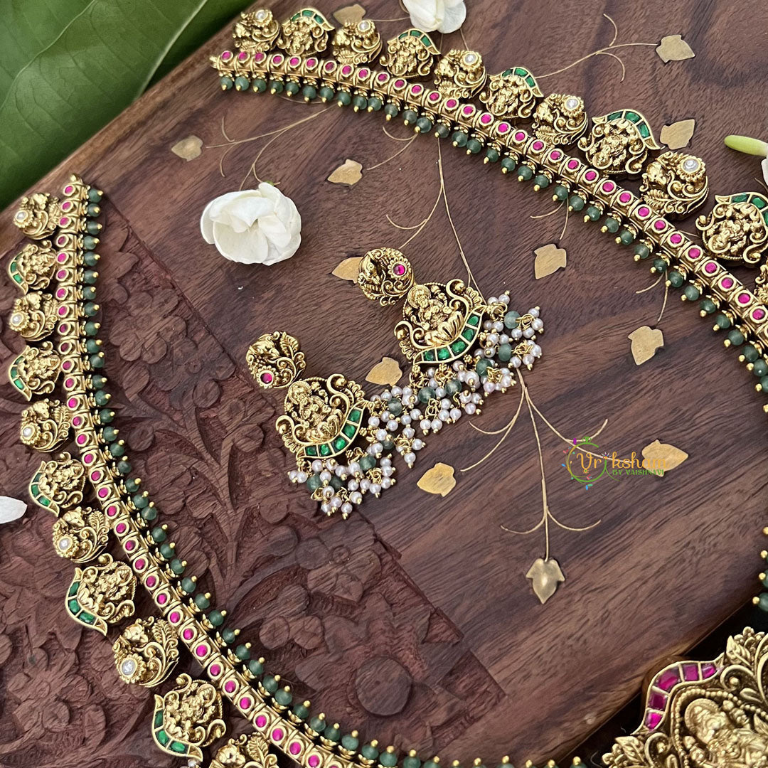 Vriksham Designer Lakshmi Style Pendant Kudan Jadau Green Long Guttapusalu Neckpiece-Pearl-J3320