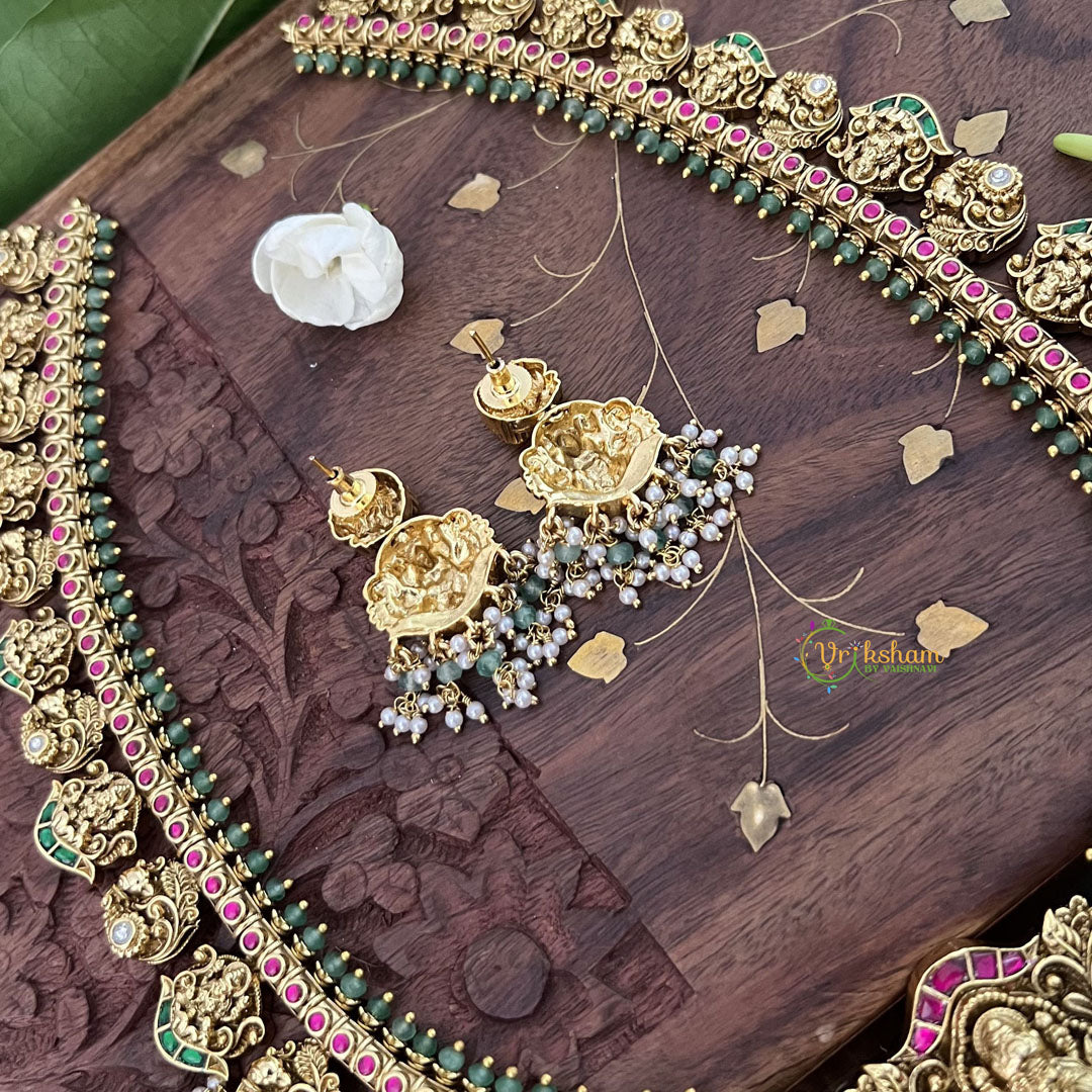 Vriksham Designer Lakshmi Style Pendant Kudan Jadau Green Long Guttapusalu Neckpiece-Pearl-J3320