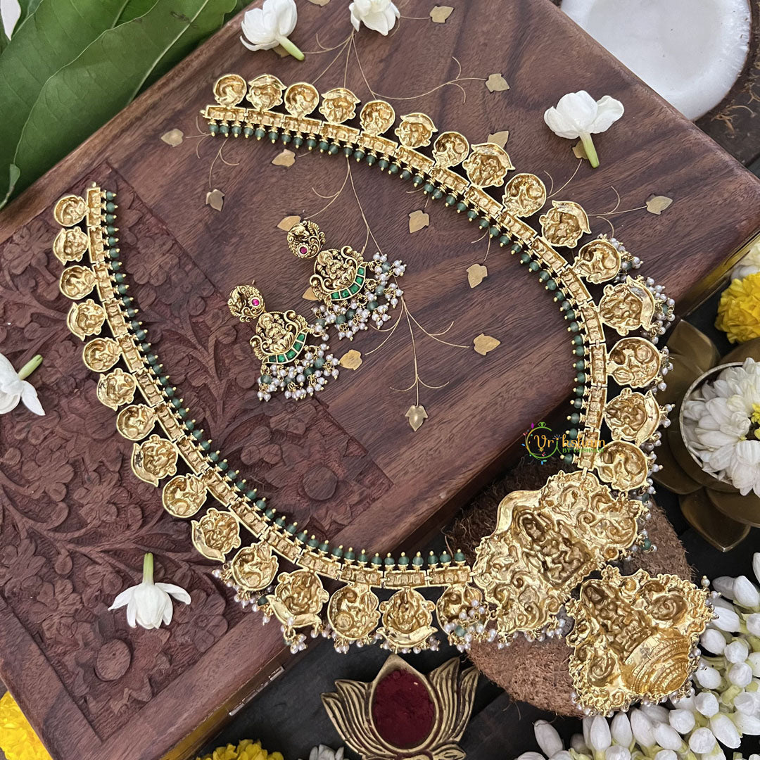 Vriksham Designer Lakshmi Style Pendant Kudan Jadau Green Long Guttapusalu Neckpiece-Pearl-J3320