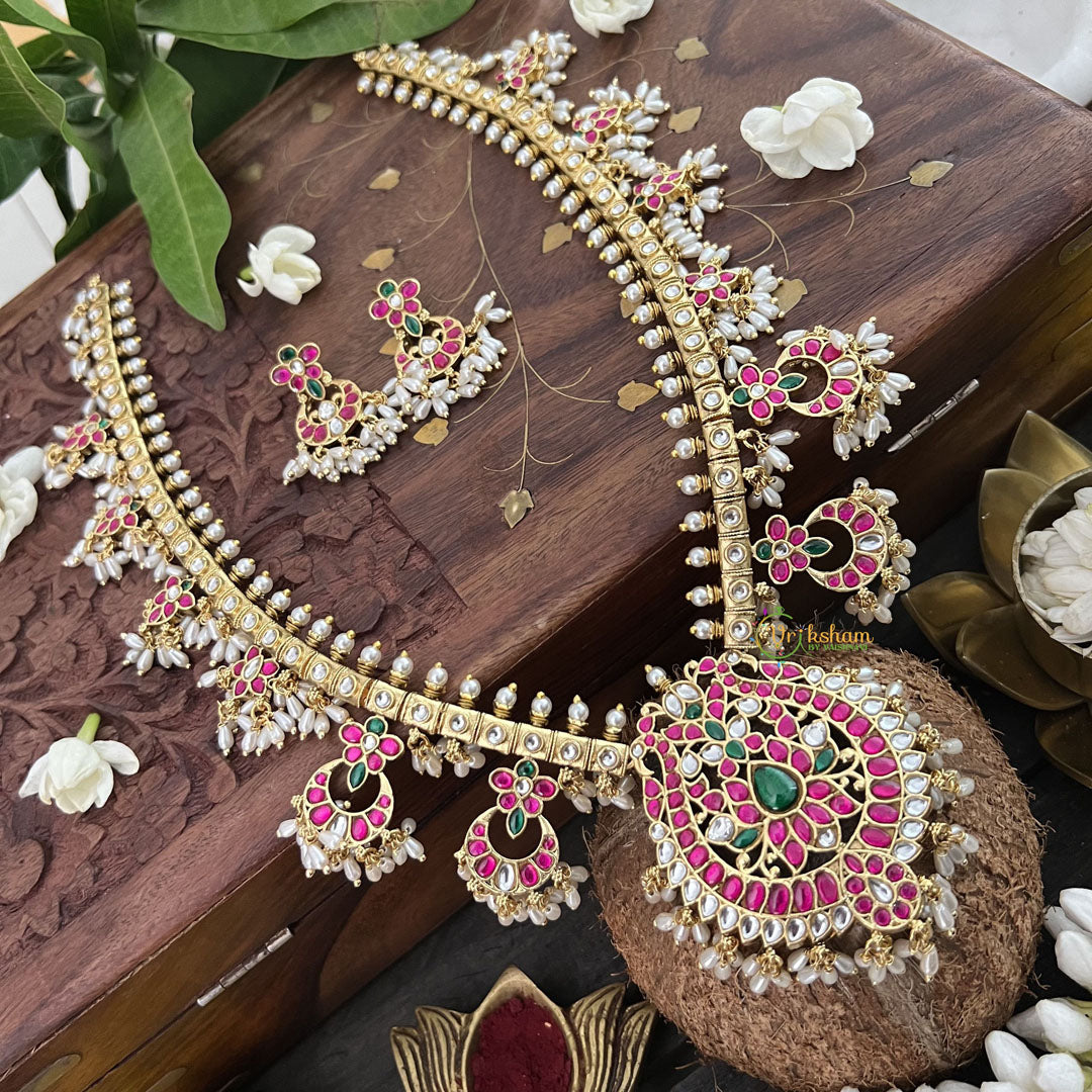 Vriksham Designer Diva Pendant Kudan Jadau White Guttapusalu  Neckpiece-Rice Pearl-J3319