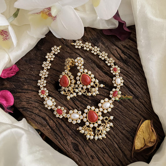 Unique AD Stone Neckpiece-Coral-White-Pearl-G14654