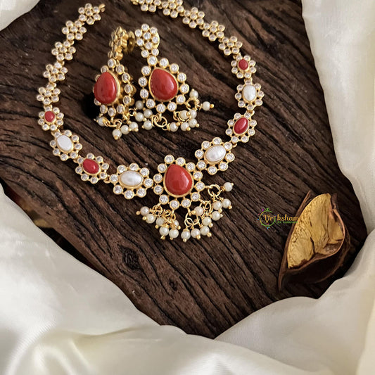 Unique AD Stone Neckpiece-Coral-White-Pearl-G14654