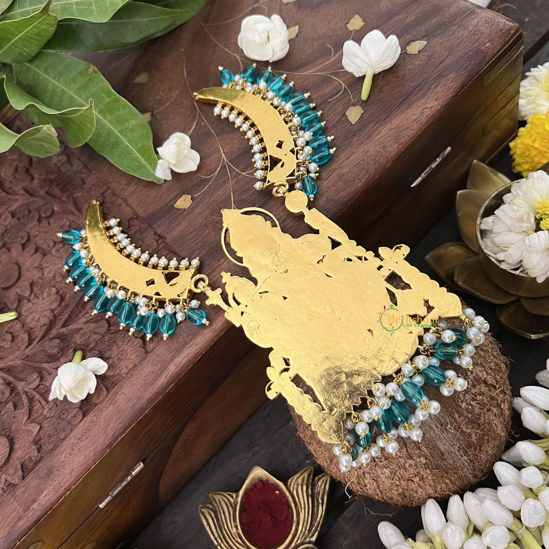 Vriksham Designer Lakshmi Narashima Pendant Kundan Jadau Hasali Neckpiece-Aqua Blue-Pearl-J3318