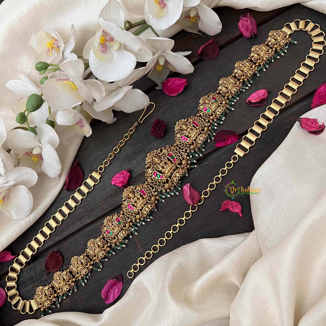 Vriksham Antique Lotus Lakshmi Jhumka Style  Hipchain-Red Green-Green Bead-G21205