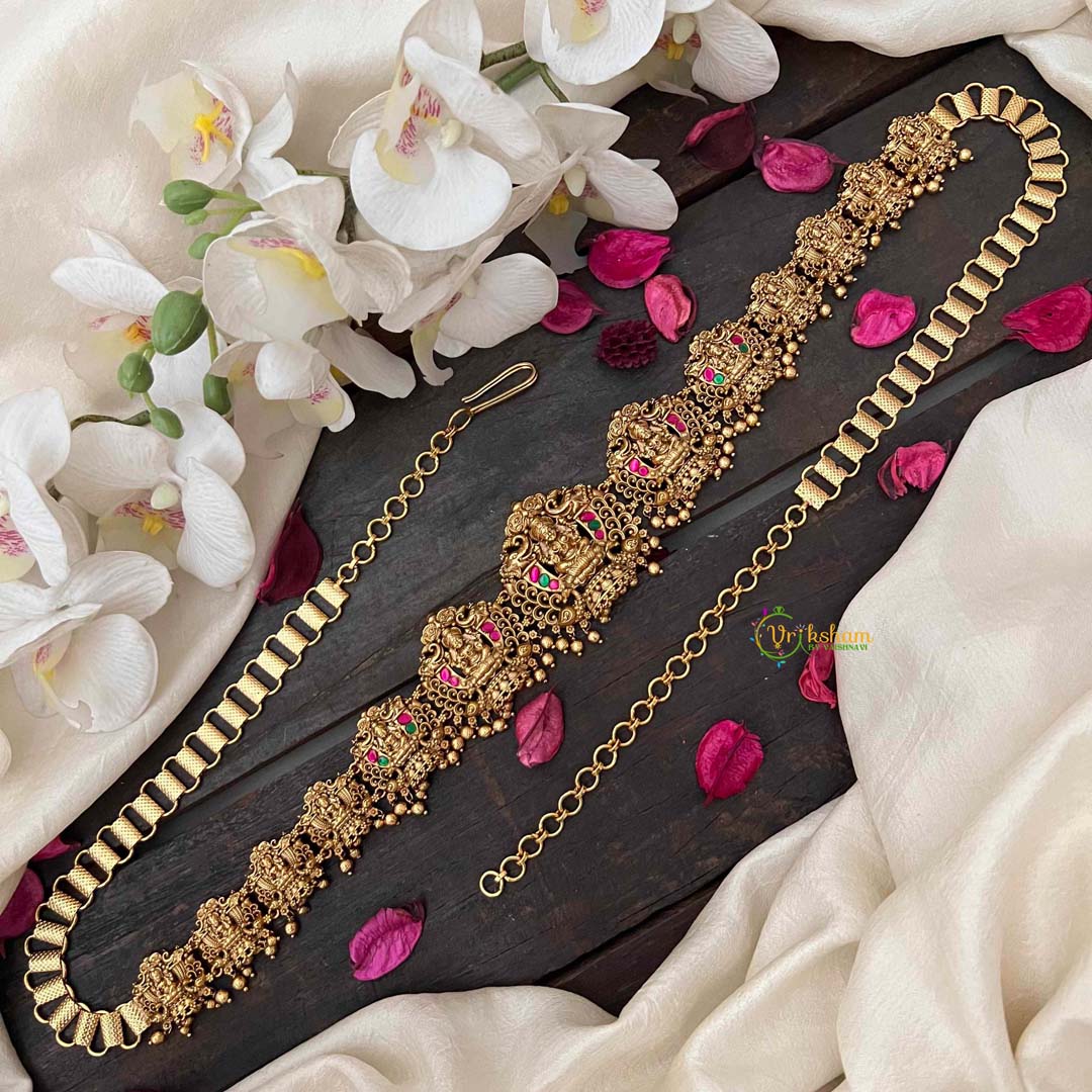 Vriksham Antique Lotus Lakshmi Jhumka Style  Hipchain-Red Green-Gold Bead-G21206