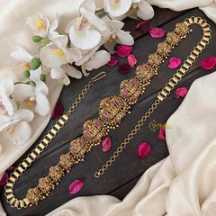 Vriksham Antique Lotus Lakshmi Jhumka Style  Hipchain-Red Green-Green Bead-G21205