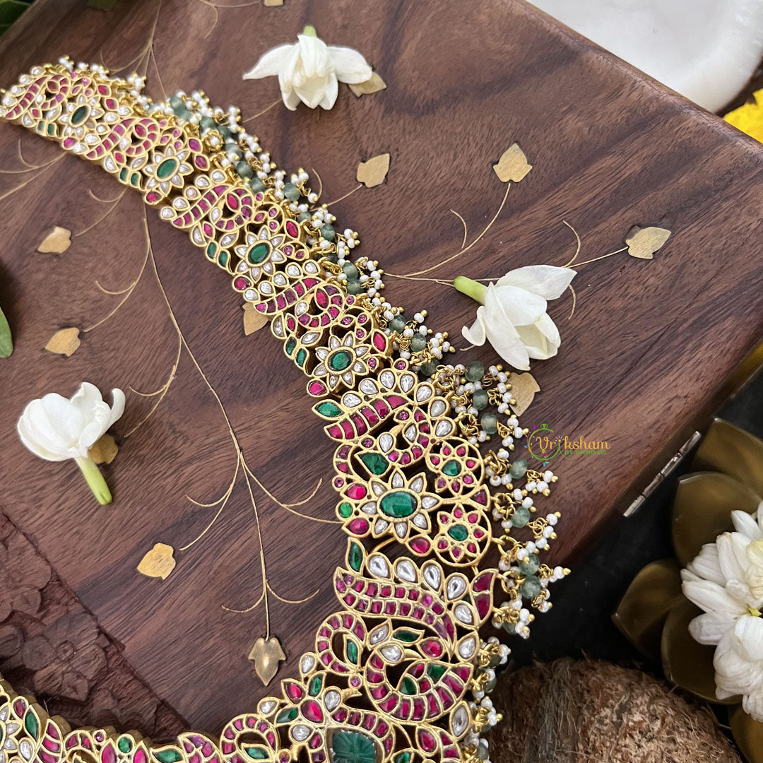 Vriksham Simple Leaf Design Neckpiece-Red Green-White Pastel Green Bead-J3309