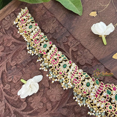 Vriksham Simple Leaf Design Neckpiece-Red Green-White Pastel Green Bead-J3309