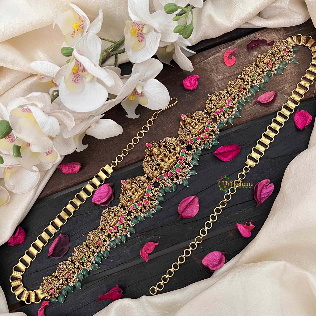 Vriksham Bridal Lakshmi Idol Hipchain-Red Green-Green Bead-G21202