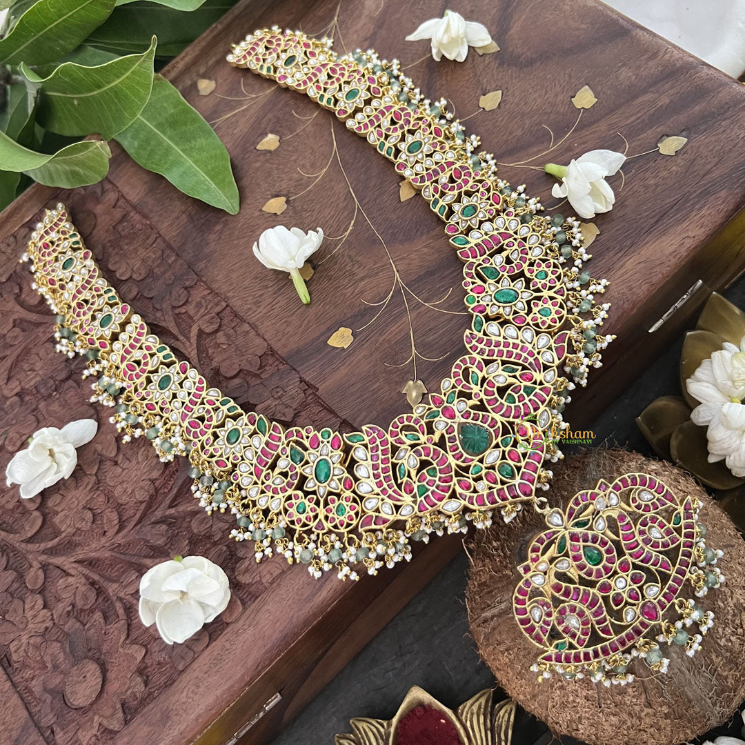 Vriksham Simple Leaf Design Neckpiece-Red Green-White Pastel Green Bead-J3309