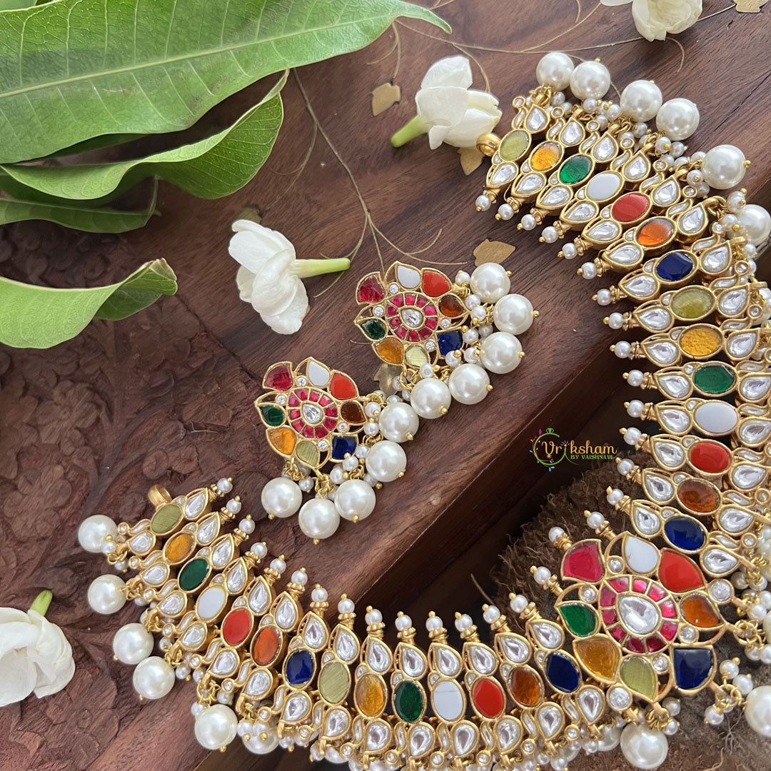 Vriksham Multi Color Designer Kudan Jadau Neckpiece-Pearl-J3317