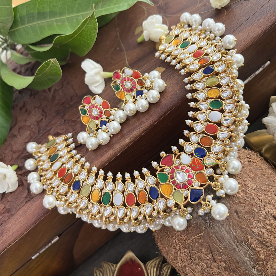 Vriksham Multi Color Designer Kudan Jadau Neckpiece-Pearl-J3317