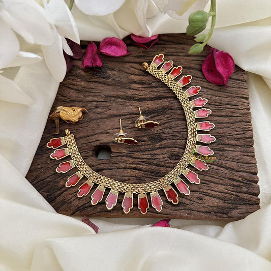 Gold Look Alike Kerala Palakka Short Neckpiece-Red-G15341