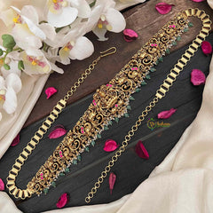 Vriksham Designer Elephant & Lakshmi With Leaf Nakshi Bridal Hipchain-Red-Green Bead-G21199