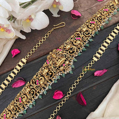 Vriksham Designer Elephant & Lakshmi With Leaf Nakshi Bridal Hipchain-Red-Green Bead-G21199