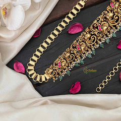 Vriksham Designer Elephant & Lakshmi With Leaf Nakshi Bridal Hipchain-Red-Green Bead-G21199