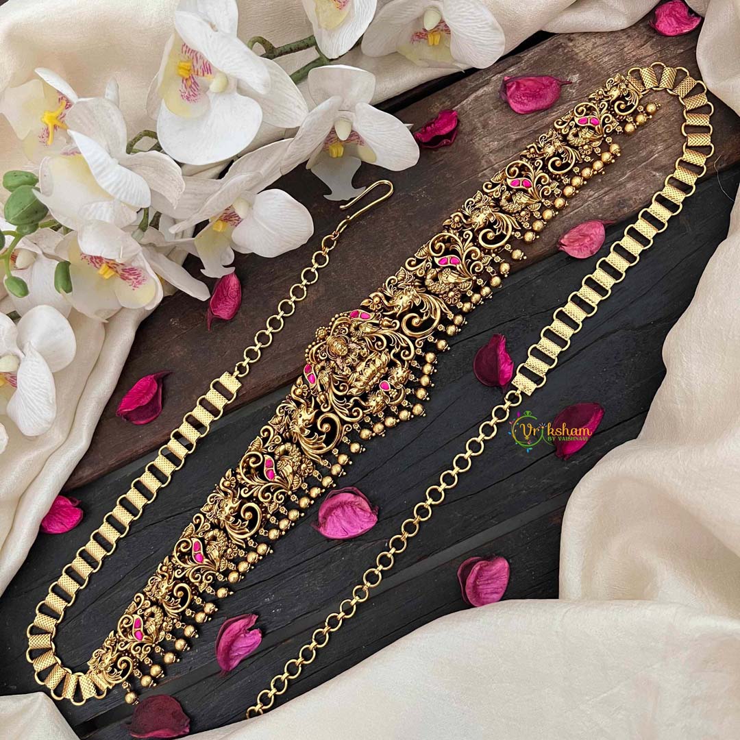 Vriksham Designer Elephant & Lakshmi With Leaf Nakshi Bridal Hipchain-Red-Gold Bead-G21200