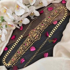 Vriksham Designer Elephant & Lakshmi With Leaf Nakshi Bridal Hipchain-Red-Gold Bead-G21200