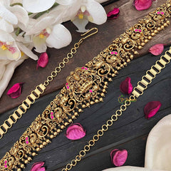 Vriksham Designer Elephant & Lakshmi With Leaf Nakshi Bridal Hipchain-Red-Gold Bead-G21200