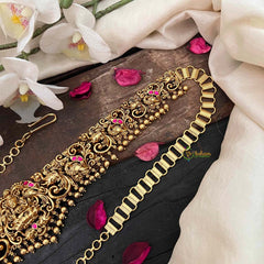 Vriksham Designer Elephant & Lakshmi With Leaf Nakshi Bridal Hipchain-Red-Gold Bead-G21200