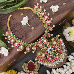 Vriksham Mango Style Kundan Jadau Neckpiece-Red Green-Pearl-J3330