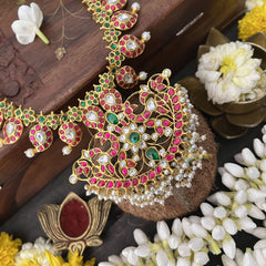 Vriksham Mango Style Kundan Jadau Neckpiece-Red Green-Pearl-J3330