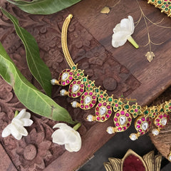 Vriksham Mango Style Kundan Jadau Neckpiece-Red Green-Pearl-J3330