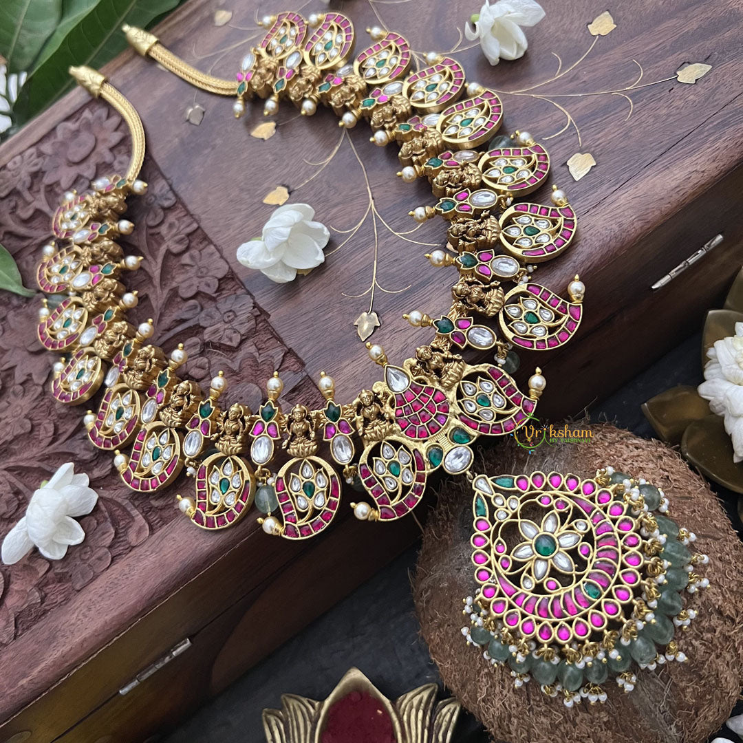 Vriksham Lakshmi With Mango Style Floral Pendant Neckpiece-Red White Green-Aqua Green Bead-J3336