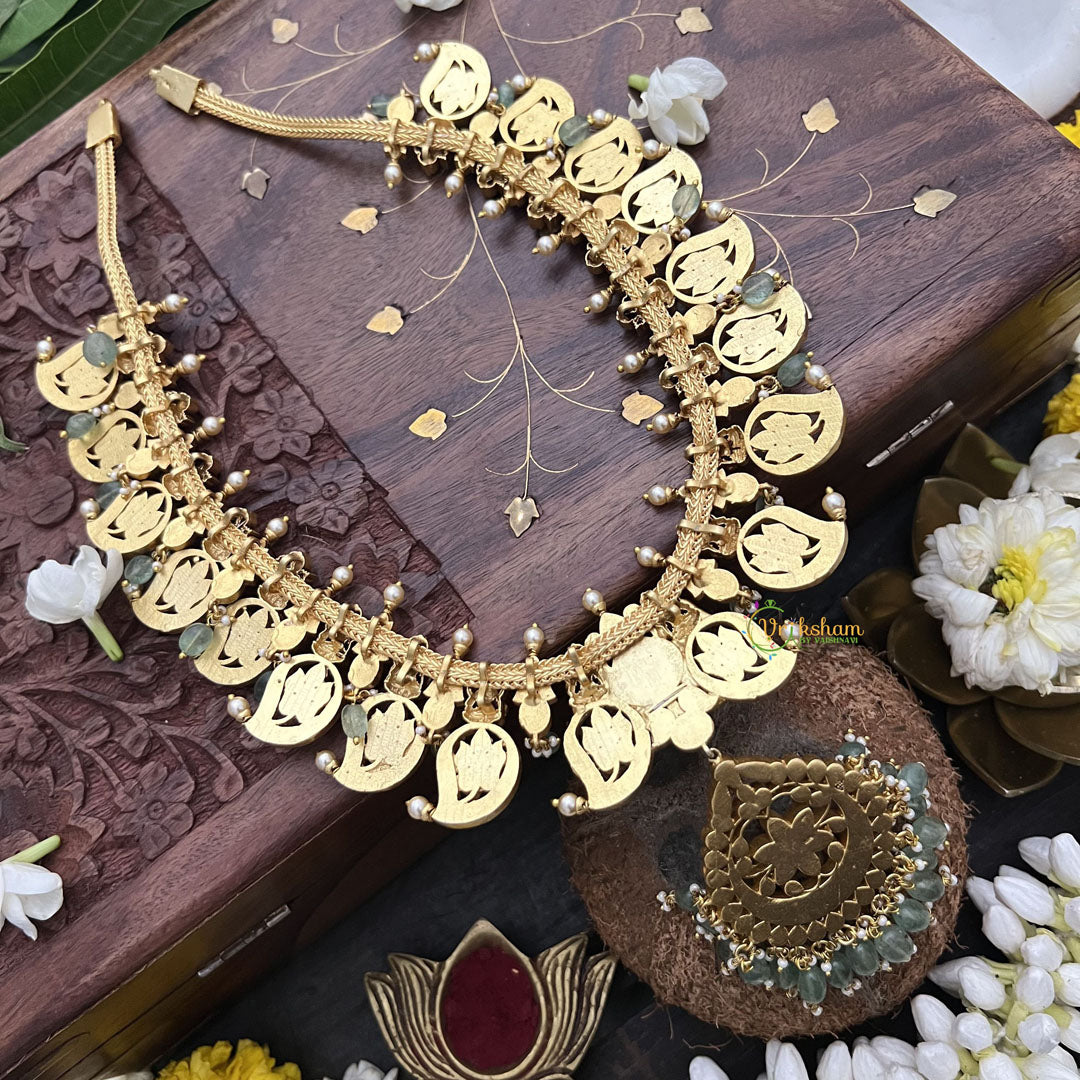 Vriksham Lakshmi With Mango Style Floral Pendant Neckpiece-Red White Green-Aqua Green Bead-J3336